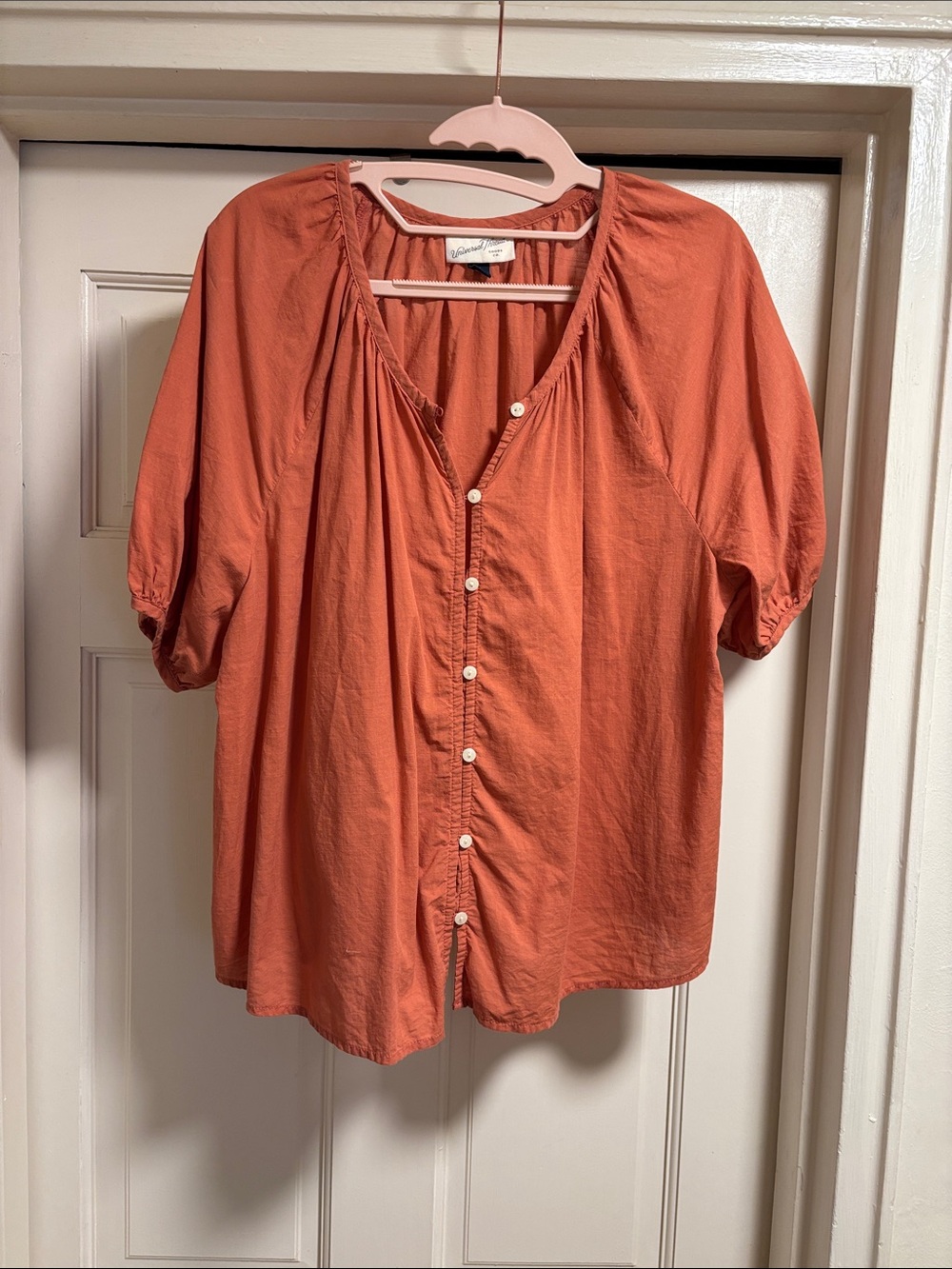 Universal Thread Button-Front Puff Sleeve Blouse in Rust Orange
